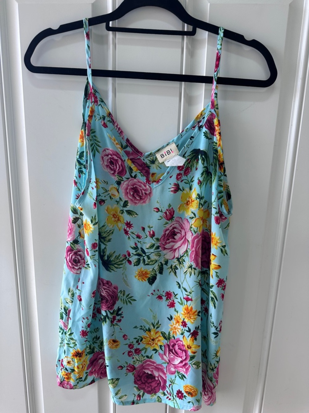 BiBi Floral Satin Cami in Aqua with Pink & Yellow Blooms